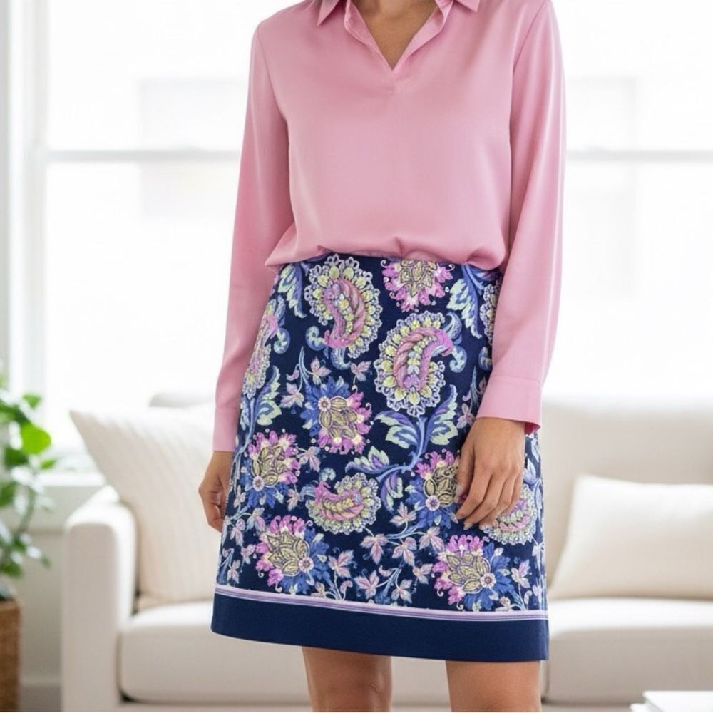 Talbots Skirt Blue Floral Paisley Canvas Cotton Spandex Lined 10